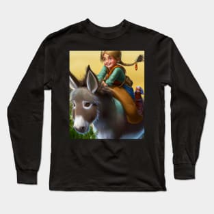 Girl with blond ponytail riding a cute donkey Long Sleeve T-Shirt